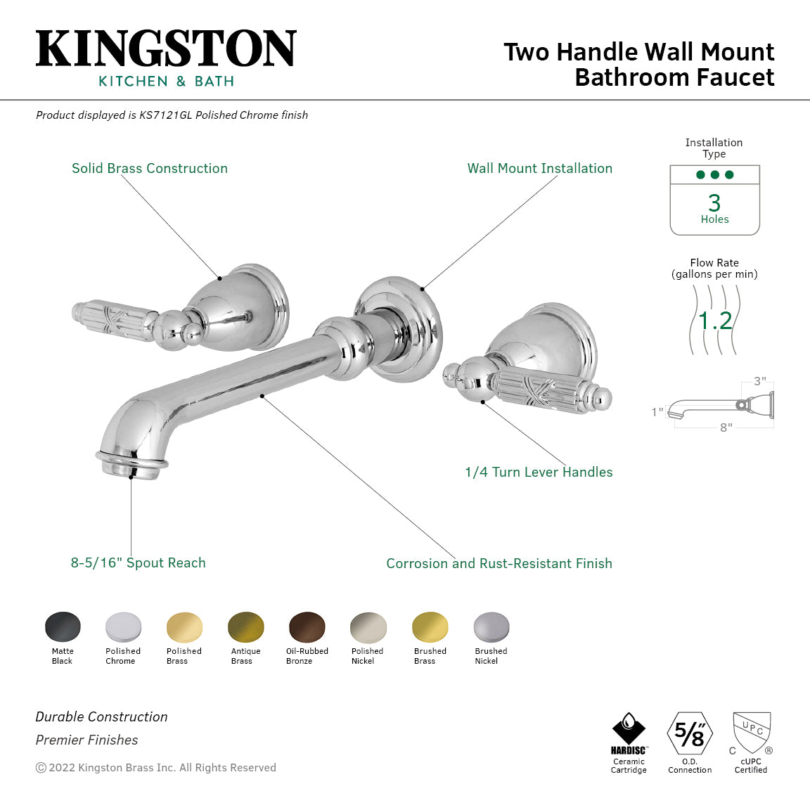 Kingston Tulare KS7125GL - Georgian Double-Handle 3-Hole Wall Mount Bathroom Faucet, Oil Rubbed Bronze — thumbnail 2